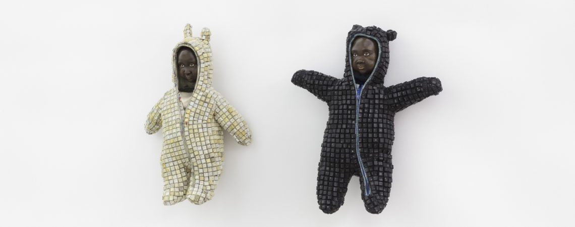 ENFANT I & II, 2019. Computer keys, mutton cloth, mixed media sculpture. 75 x 50 x 19 cm & 68 x 48 x 16 cm. collaboration with Nicola Holgate.